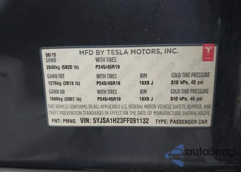 2015 Tesla Model S 70D/85D/P85D from USA, damaged, VIN 5YJSA1H23FF091132